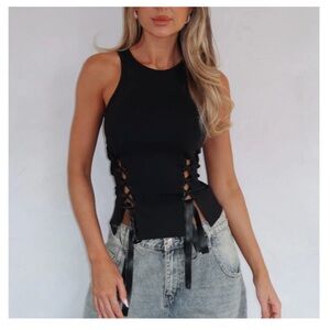 White Fox Black Lace-Up Tank Top
